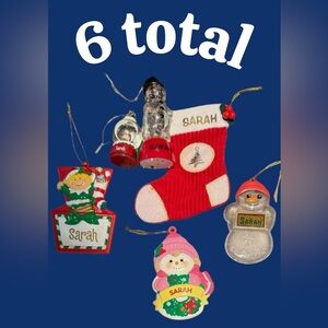 6 Personalized Name Sarah Christmas Tree Ornaments Snowglobe Snowman Stocking